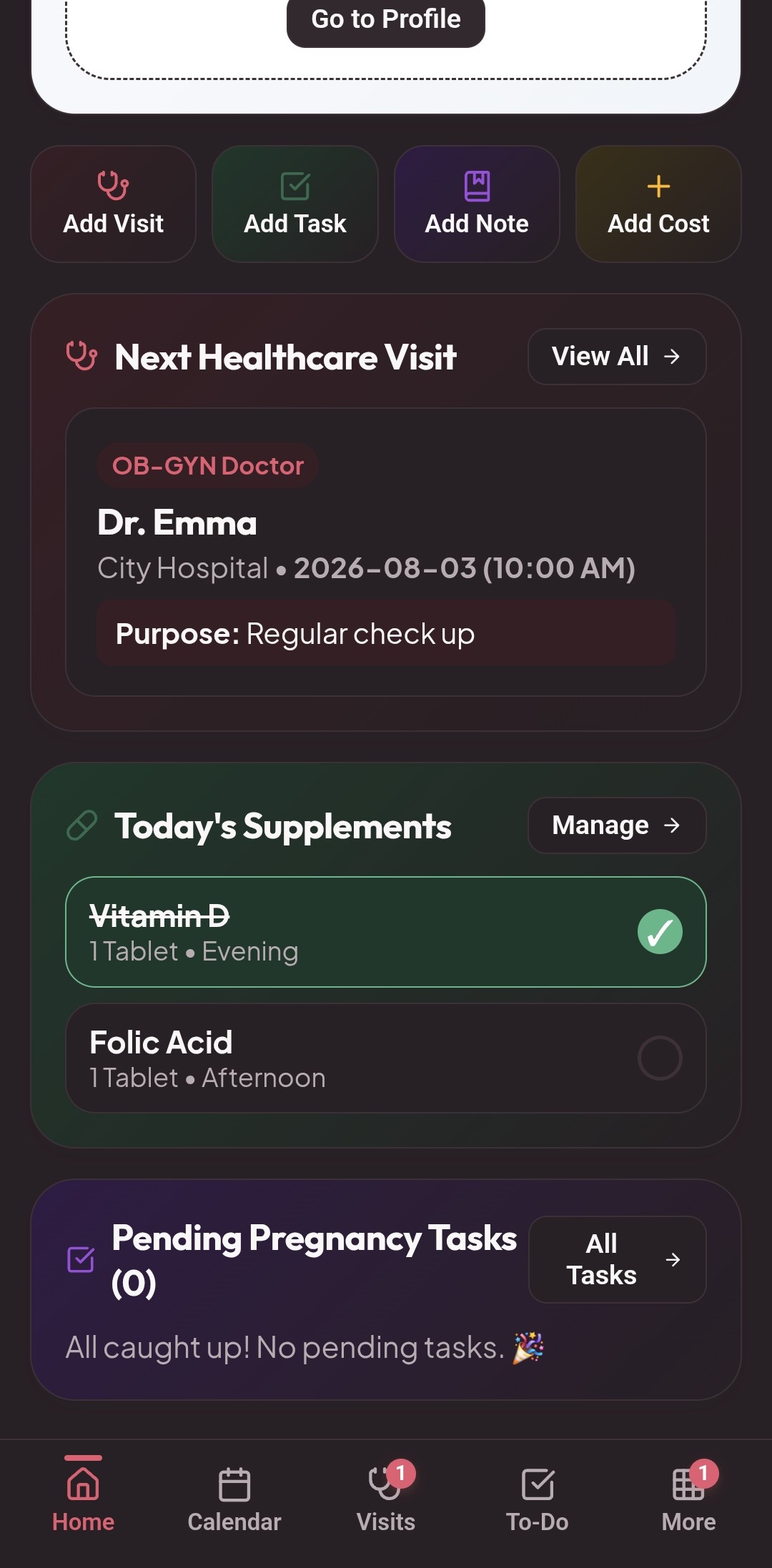 Bump to Mum Daily Dashboard Screen